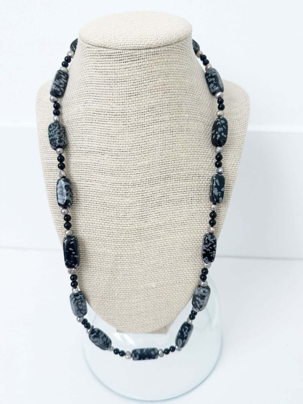 NWT Genuine Leopard Obsidian, Black Onyx & Pearls Necklace Gray Black